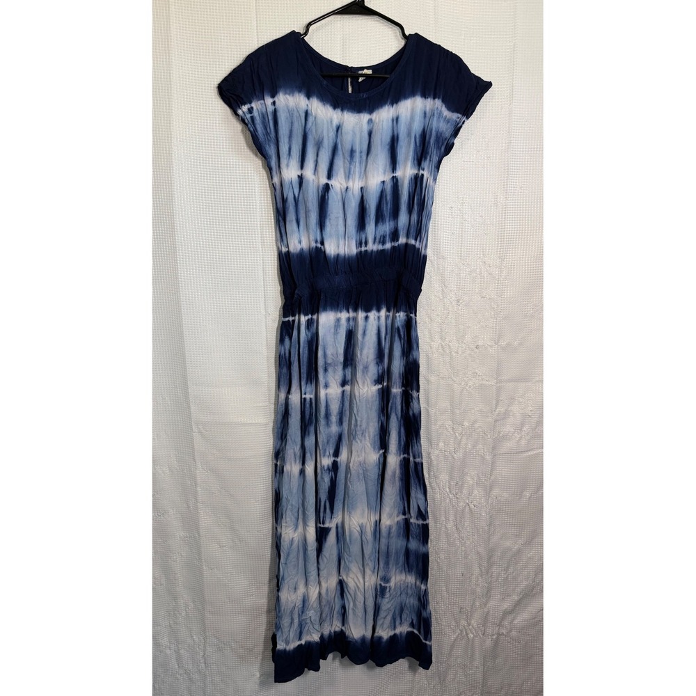 7 Islands Maxi Dress Rayon Tie Dye Elastic Waist Boho Summer Blue Large